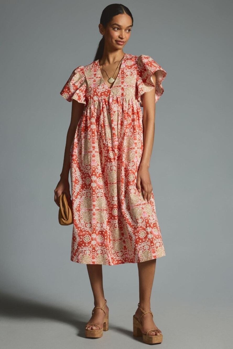 Anthropologie Maeve Cotton Flutter Sleeve Babydoll Dress Sz S Orange Pink